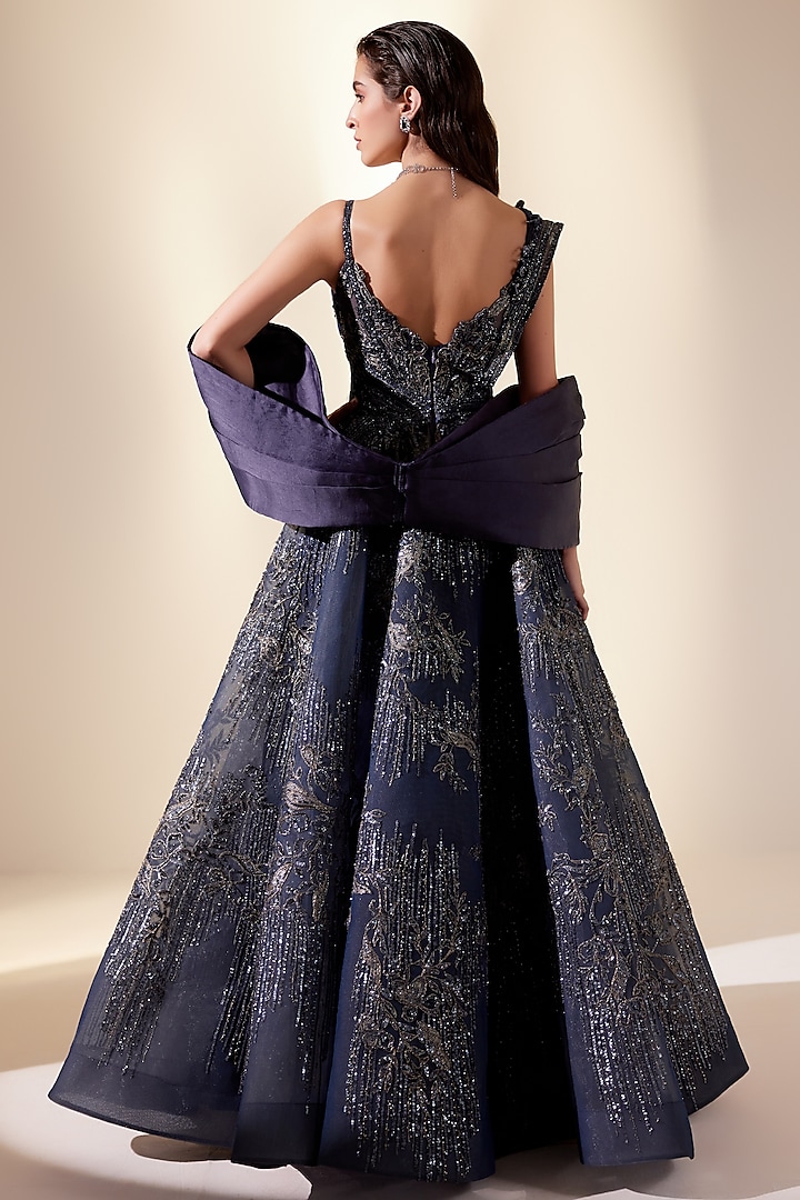 Midnight Blue Silk Organza & Net Embellished Bridal Gown With Dupatta by Adaara Couture at Pernia's Pop Up Shop