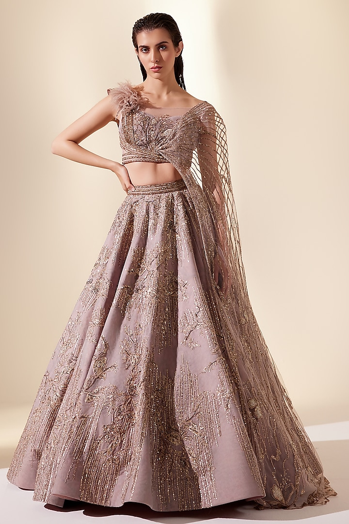 Rose Gold Net & Brocade Embellished Skirt Set by Adaara Couture