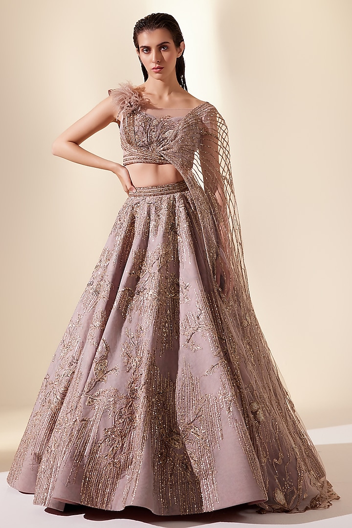 Rose Gold Net & Brocade Embellished Skirt Set by Adaara Couture at Pernia's Pop Up Shop