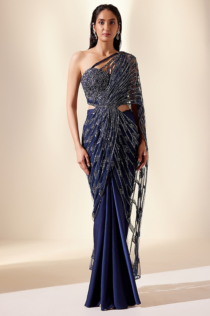 Midnight Blue Net & Dupion Silk Embroidered Draped Saree by Adaara Couture
