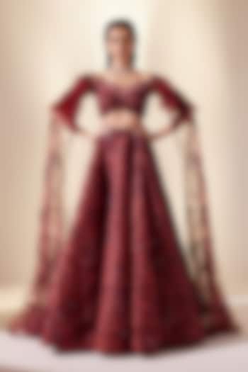 Wine Net & Organza Dewdrop Embroidered Lehenga Set by Adaara Couture