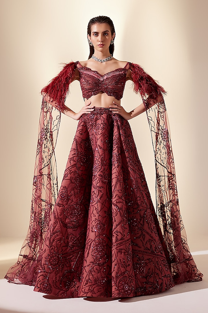 Wine Net & Organza Dewdrop Embroidered Lehenga Set by Adaara Couture