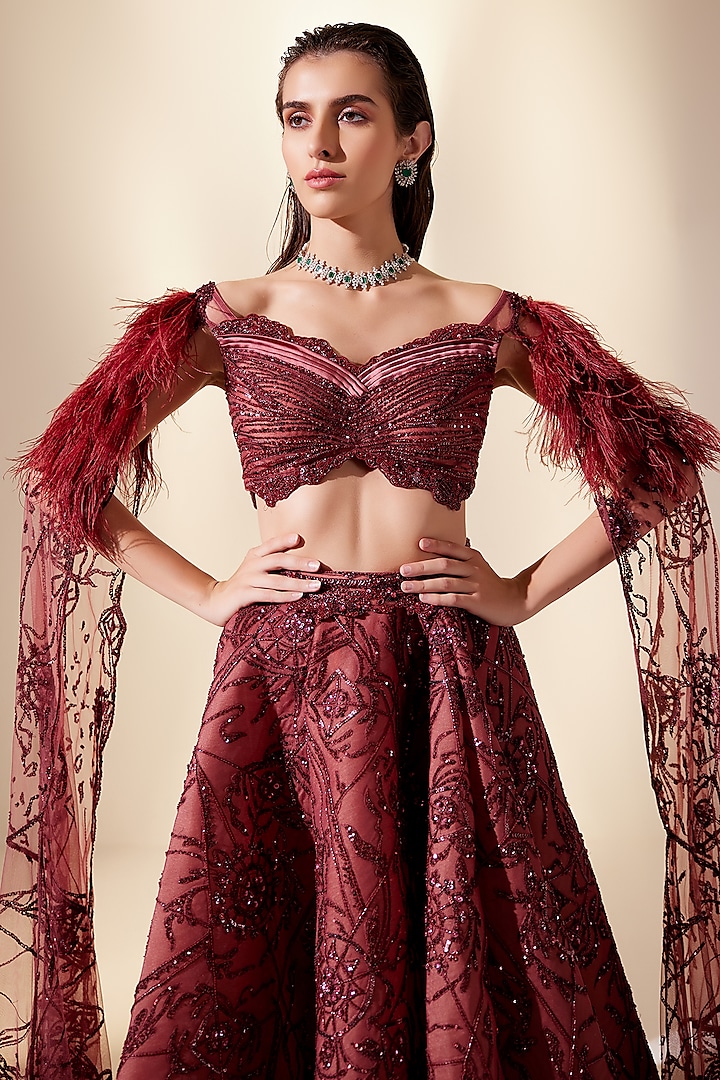 Wine Net & Organza Dewdrop Embroidered Bridal Lehenga Set by Adaara Couture at Pernia's Pop Up Shop