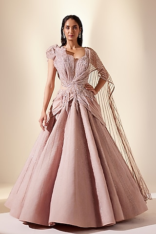 Dusty Rosoe Dupion SIlk & Lace Net Embroidered Gown by Adaara Couture