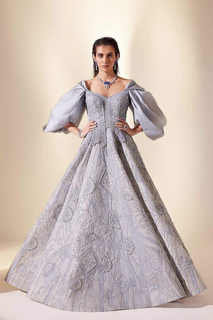Powder Blue Dupion Silk & Net Geometric Embroidered Gown by Adaara Couture