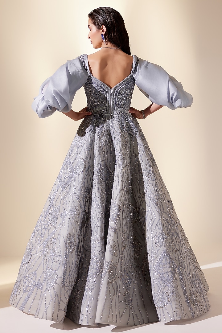 Powder Blue Dupion Silk & Net Geometric Embroidered Bridal Gown by Adaara Couture at Pernia's Pop Up Shop