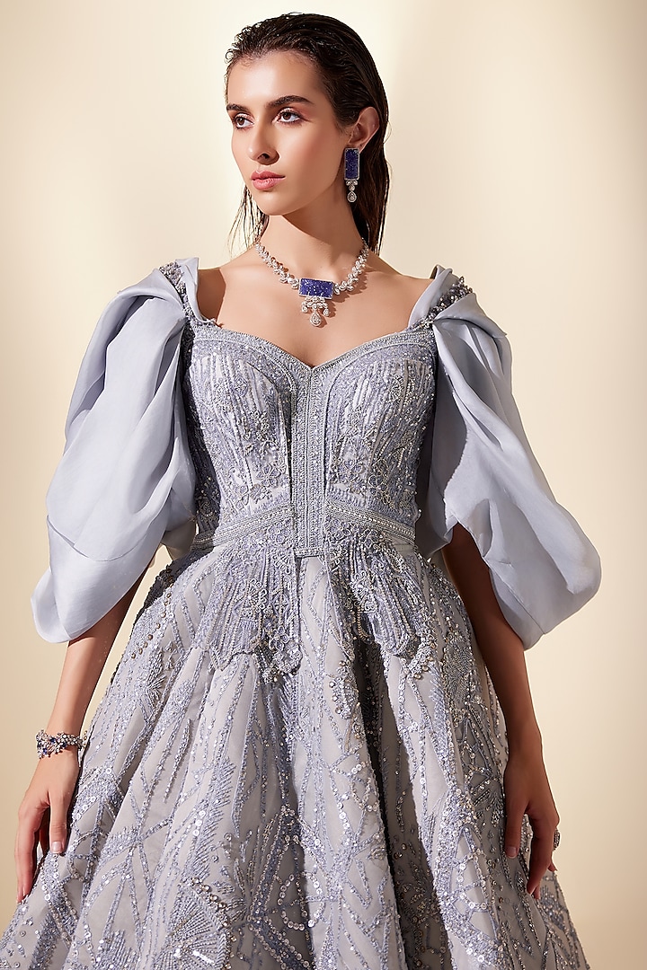 Powder Blue Dupion Silk & Net Geometric Embroidered Bridal Gown by Adaara Couture at Pernia's Pop Up Shop