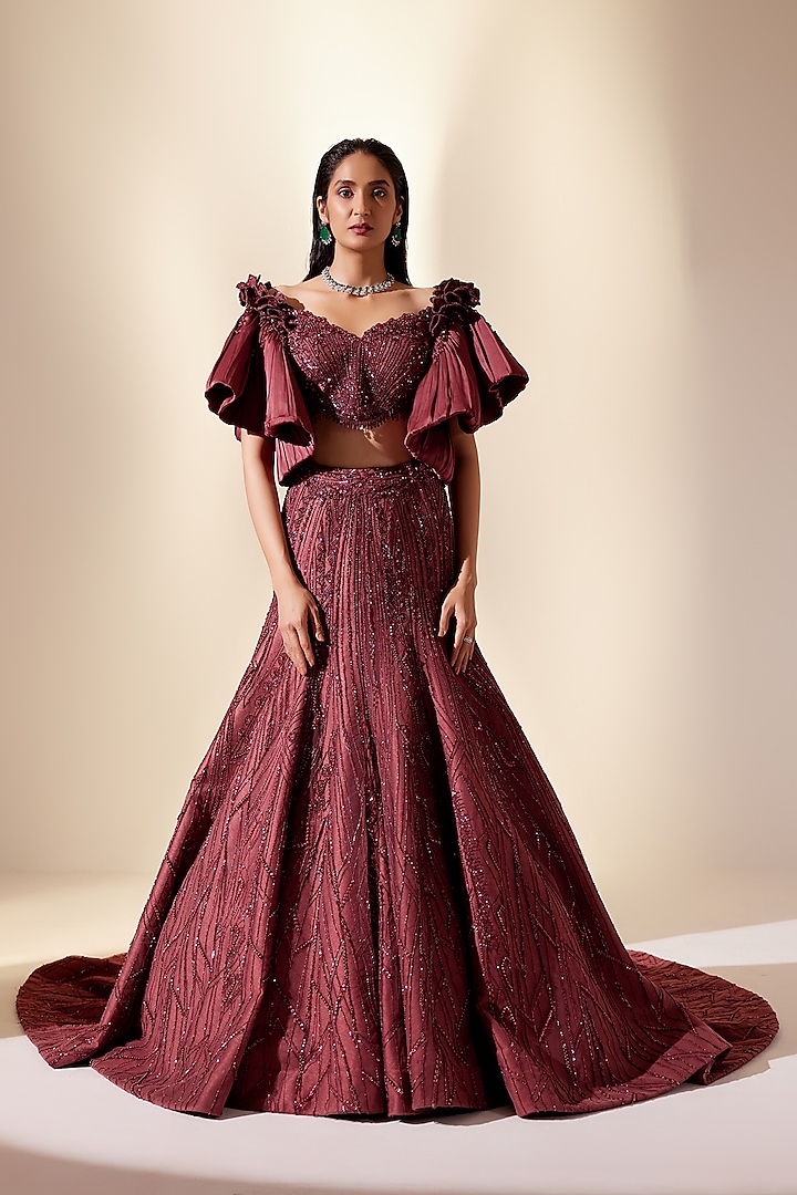 Wine Net & Dupion Silk Embellished Lehenga Set by Adaara Couture