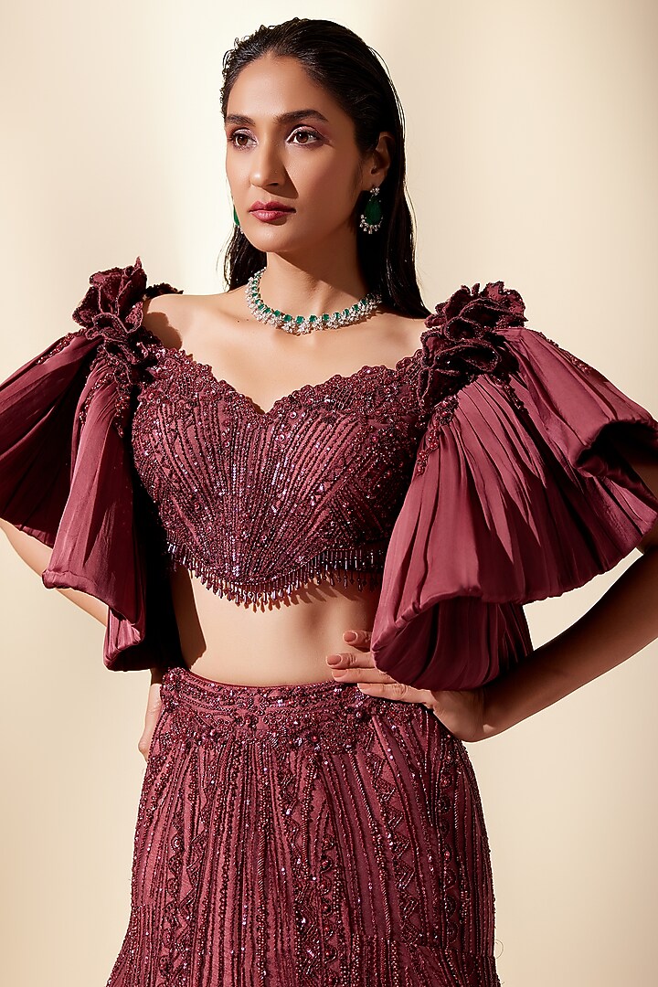 Wine Net & Dupion Silk Embellished Bridal Lehenga Set by Adaara Couture at Pernia's Pop Up Shop