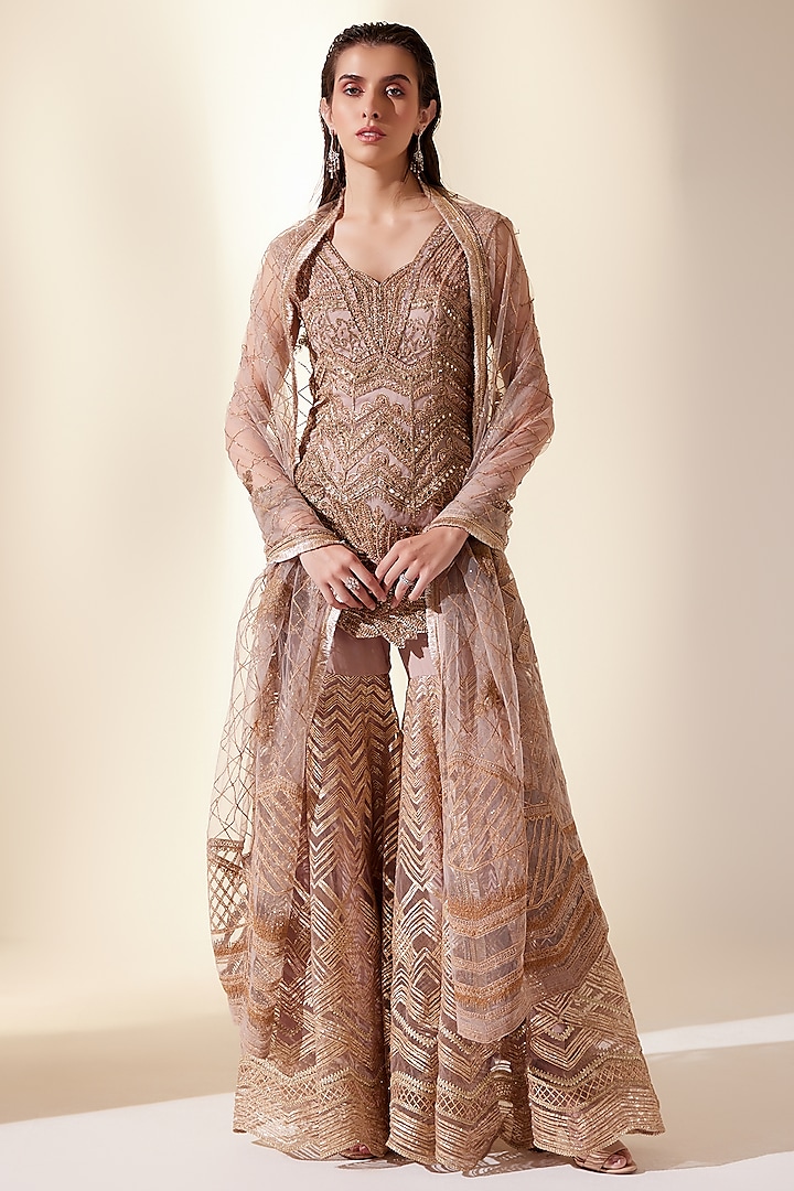 Golden Wrinkle Silk & Dupion Silk Embroidered Sharara Set by Adaara Couture