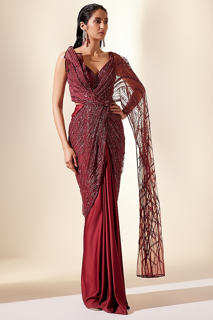 Wine Net & Dupion Silk Structured Draped Saree Set by Adaara Couture