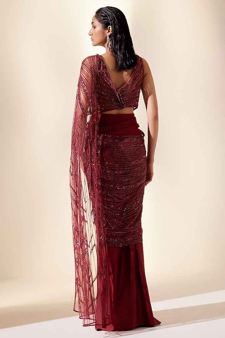 Wine Net & Dupion Silk Structured Draped Reception Saree Set by Adaara Couture at Pernia's Pop Up Shop