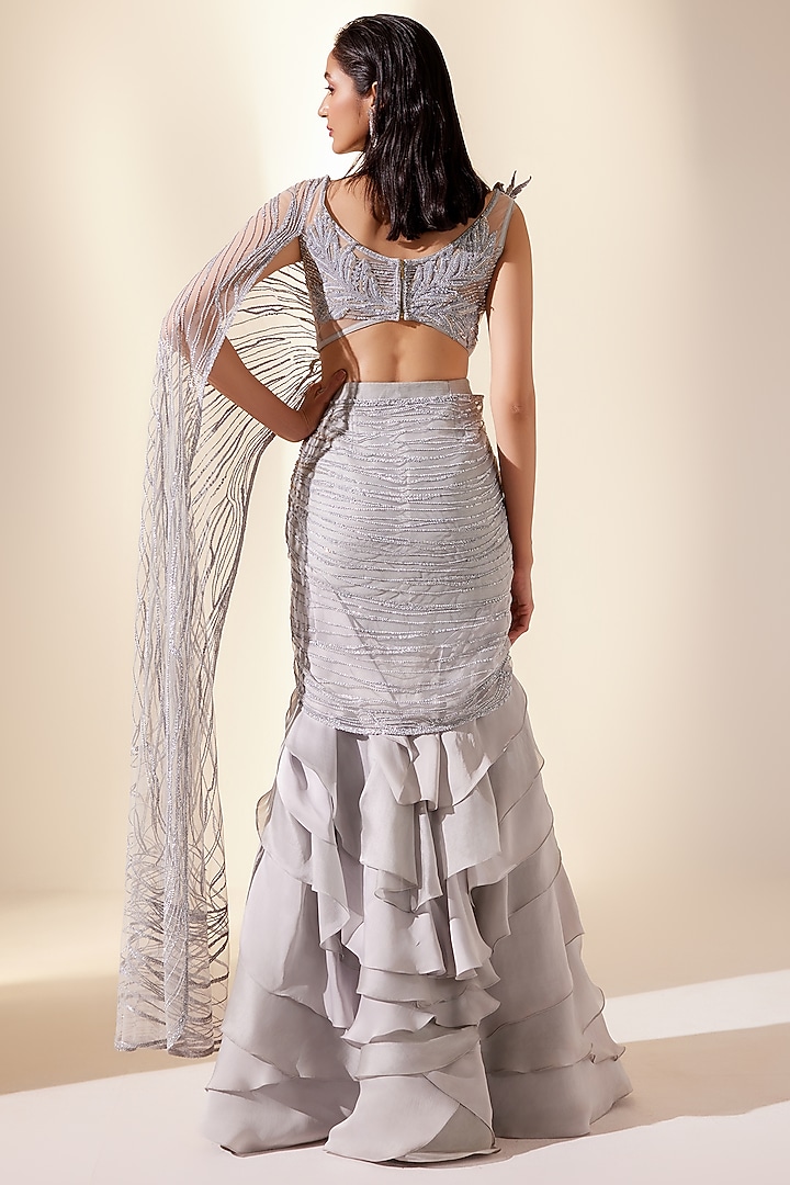 Powder Blue Dupion Silk & Net Reception Saree by Adaara Couture at Pernia's Pop Up Shop