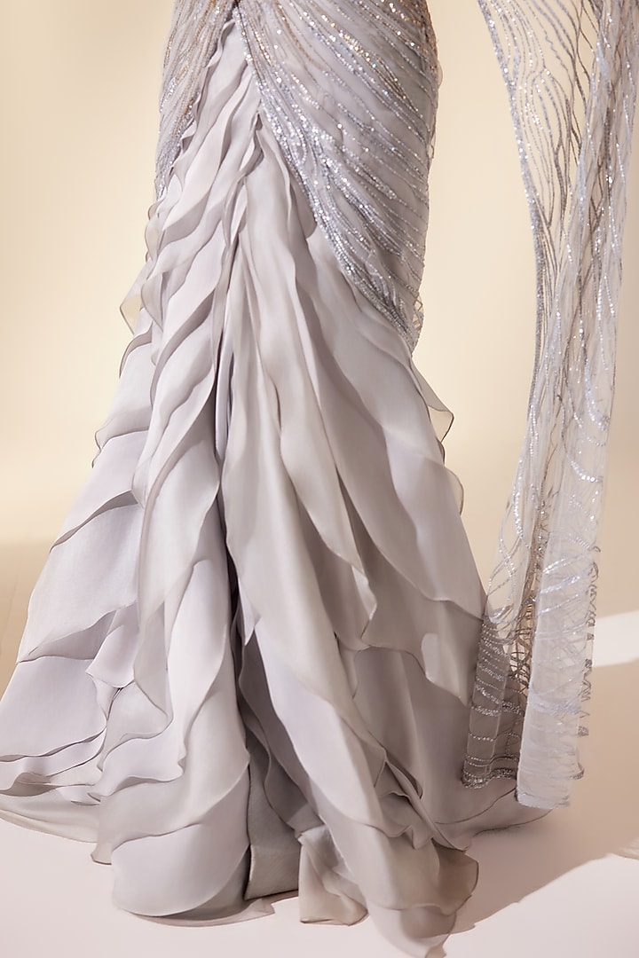 Powder Blue Dupion Silk & Net Reception Saree by Adaara Couture at Pernia's Pop Up Shop