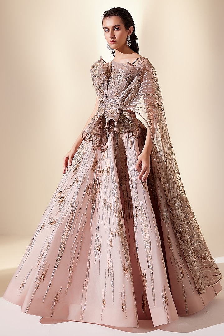 Peach Net & Organza Hand Embroidered Lehenga Set by Adaara Couture