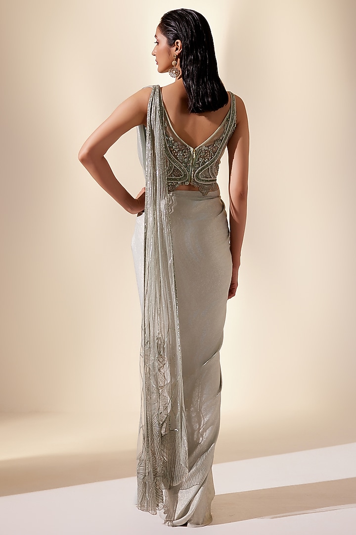 Mint Net & Satin Floral Printed & Hand Embroidered Reception Saree by Adaara Couture at Pernia's Pop Up Shop