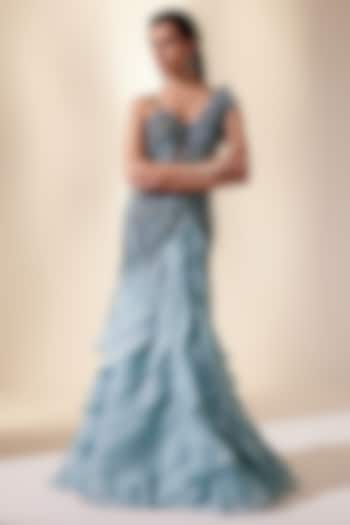 Teal Net & Organza Sequins Hand Embroidered Gown by Adaara Couture