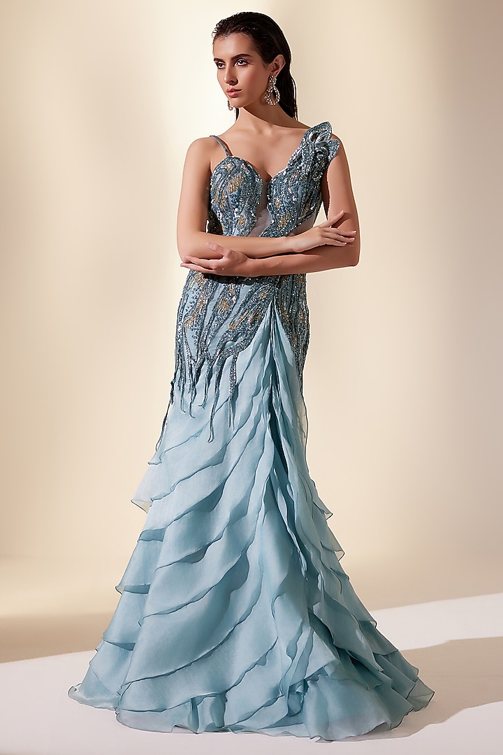 Teal Net & Organza Sequins Hand Embroidered Gown by Adaara Couture
