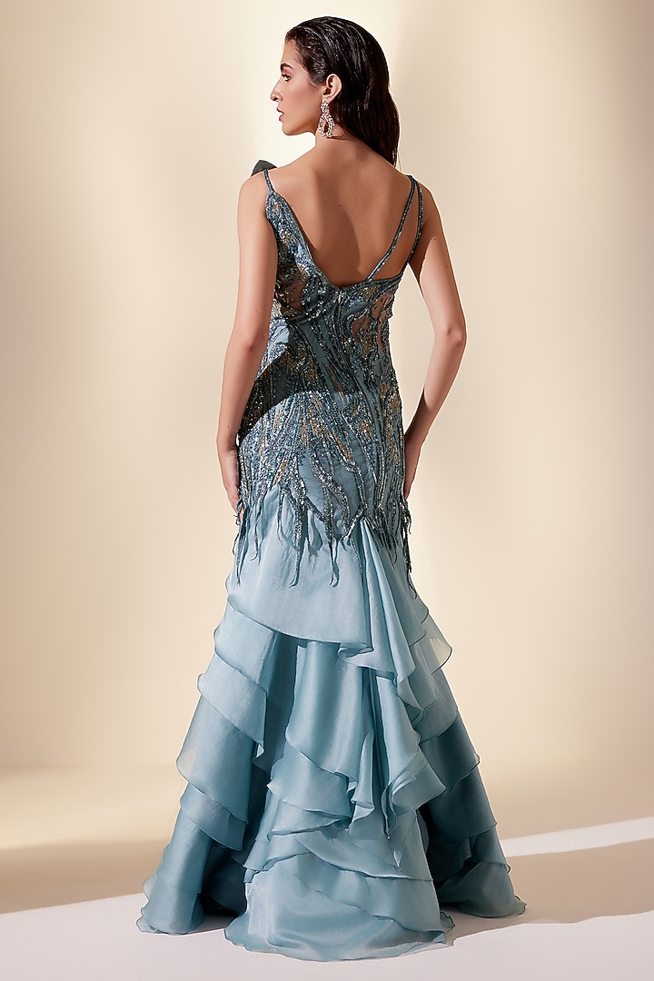 Teal Net & Organza Sequins Hand Embroidered Wedding Gown by Adaara Couture at Pernia's Pop Up Shop