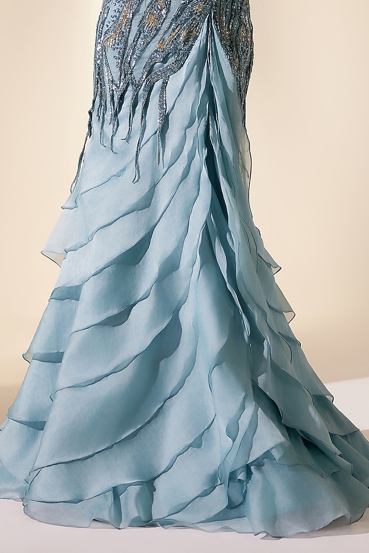 Teal Net & Organza Sequins Hand Embroidered Wedding Gown by Adaara Couture at Pernia's Pop Up Shop