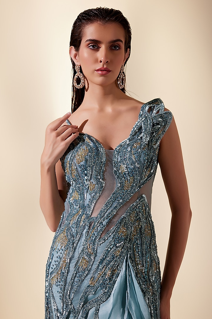 Teal Net & Organza Sequins Hand Embroidered Wedding Gown by Adaara Couture at Pernia's Pop Up Shop