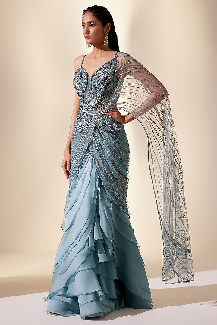 Teal Silk Organza & Net Hand Embroidered Saree by Adaara Couture