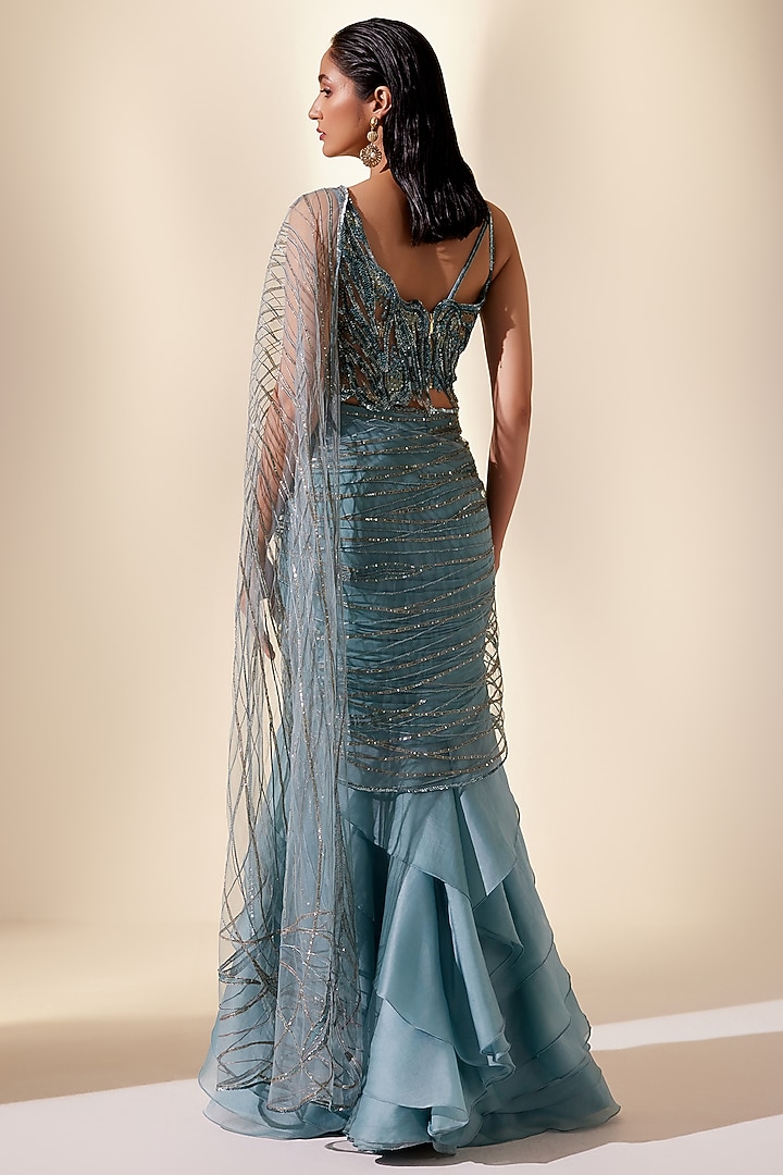 Teal Silk Organza & Net Hand Embroidered Reception Saree by Adaara Couture at Pernia's Pop Up Shop