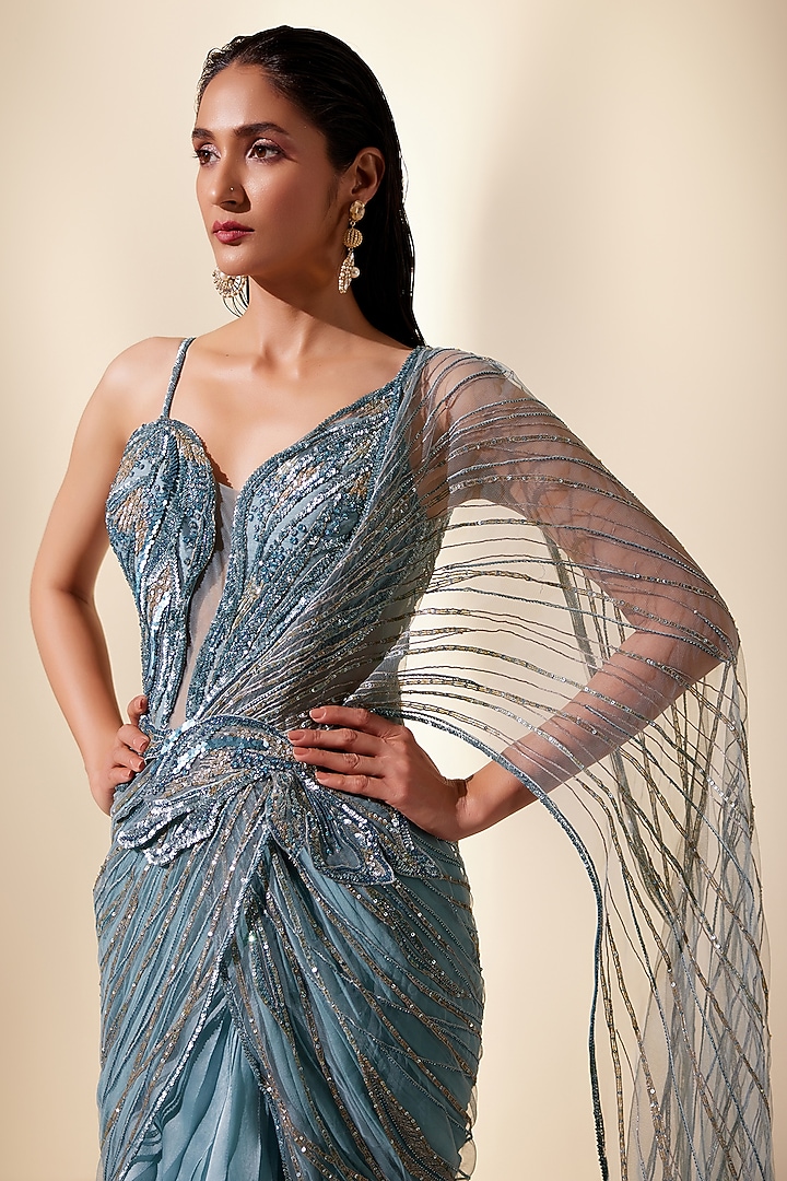 Teal Silk Organza & Net Hand Embroidered Reception Saree by Adaara Couture at Pernia's Pop Up Shop