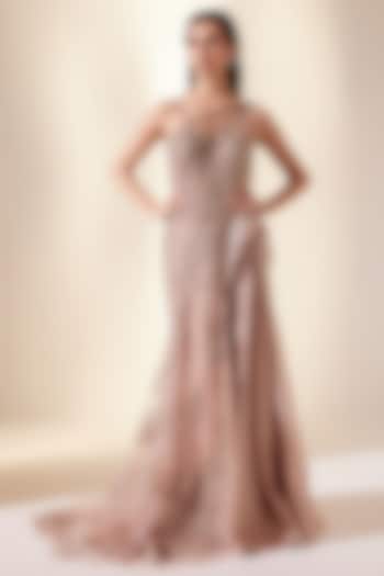Peach Net & Silk Hand Embroidered Gown by Adaara Couture