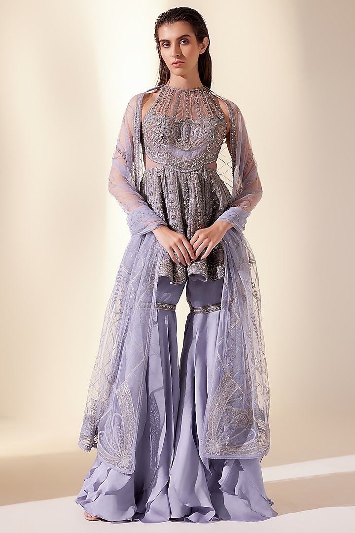 Lilac Silk Organza & Net Hand Embroidered Sharara Set by Adaara Couture at Pernia's Pop Up Shop