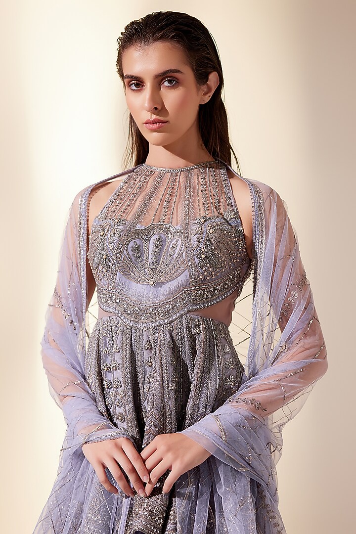 Lilac Silk Organza & Net Hand Embroidered Wedding Sharara Set by Adaara Couture at Pernia's Pop Up Shop