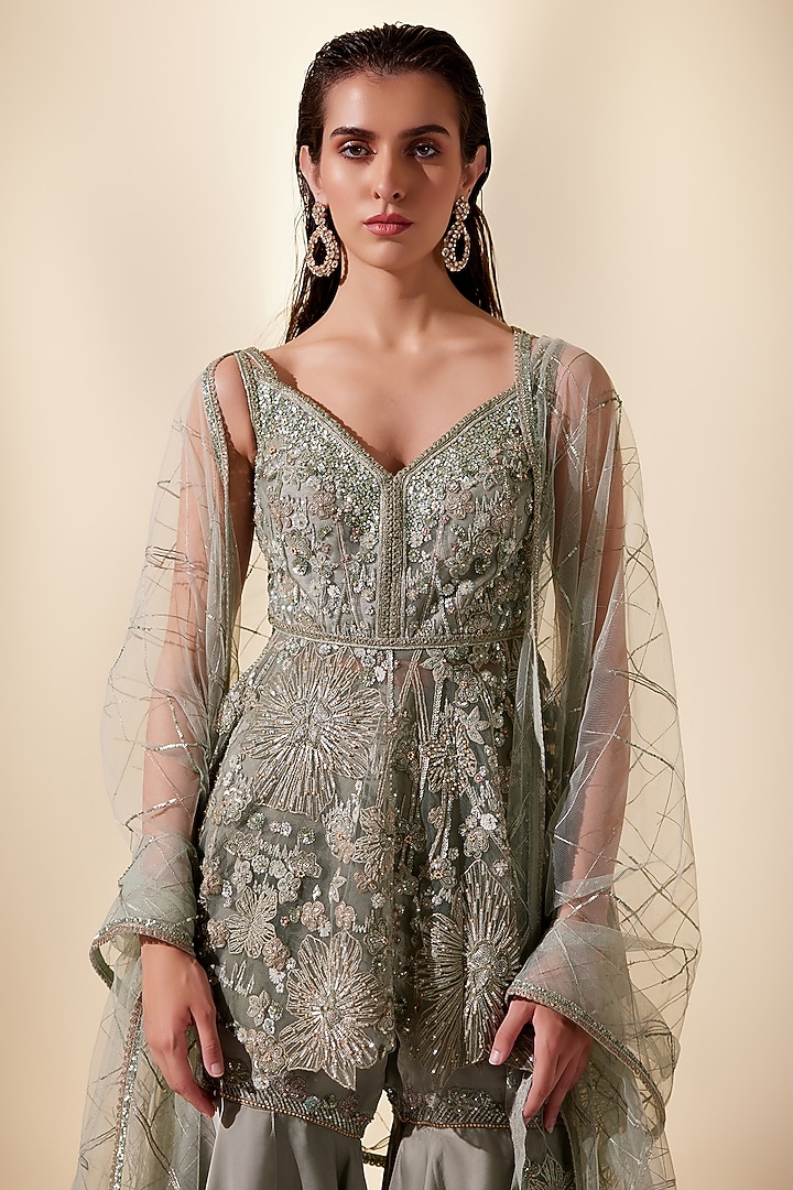 Mint Silk Organza & Net Hand Embroidered Wedding Sharara Set by Adaara Couture at Pernia's Pop Up Shop