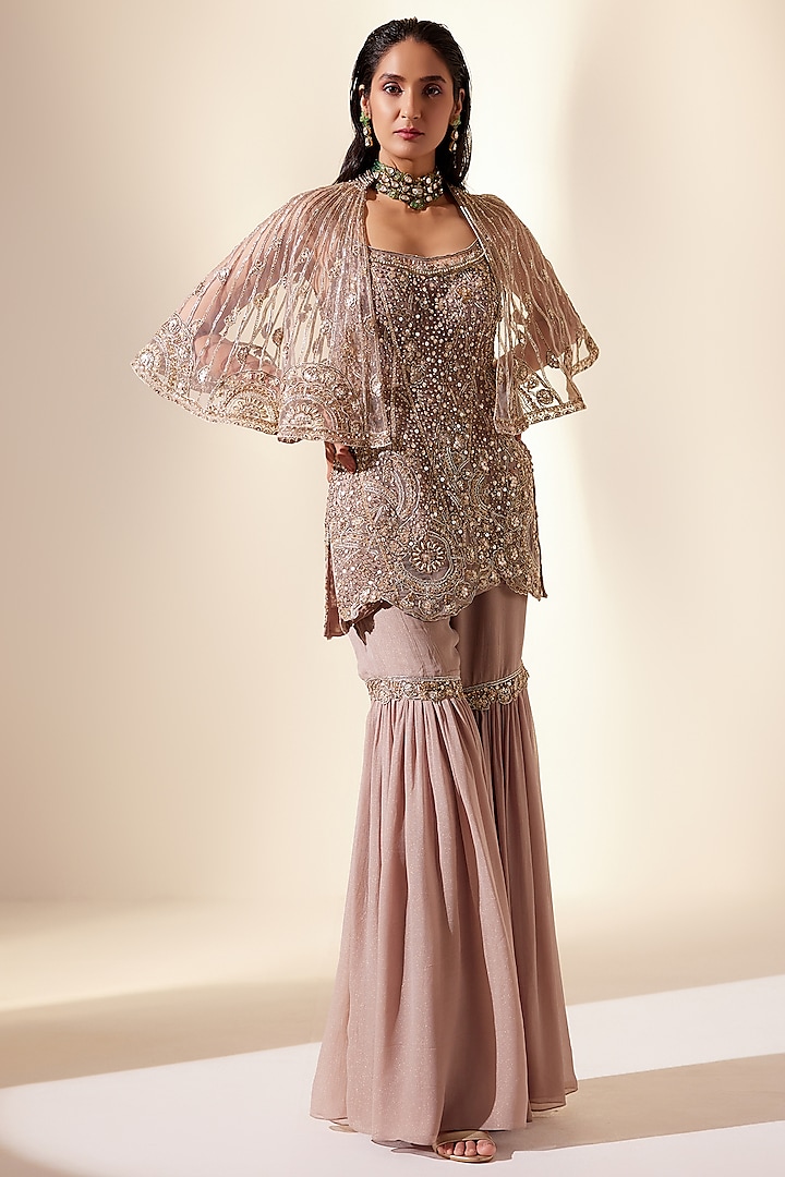 Golden Net & Foil Georgette Hand Embroidered Cape Set by Adaara Couture