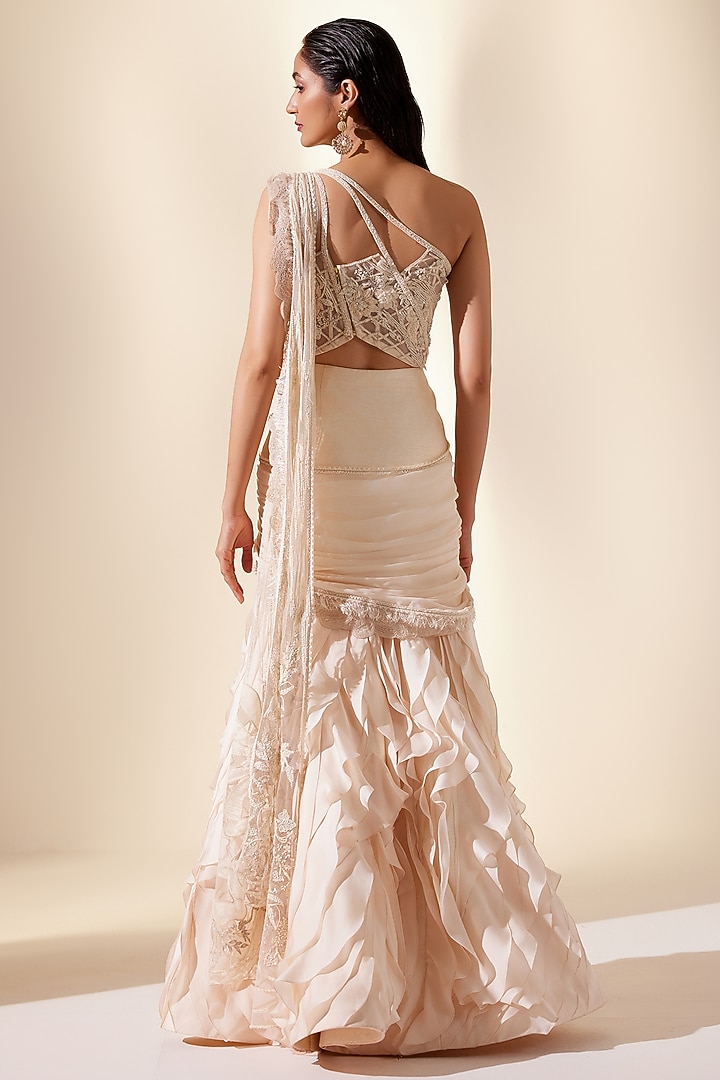 Ivory Silk Organza & Net Hand Embroidered Draped Reception Saree Set by Adaara Couture at Pernia's Pop Up Shop