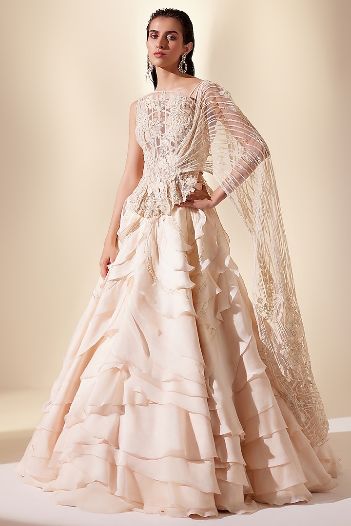 Ivory Silk Organza & Net Hand Embroidered Lehenga Set by Adaara Couture