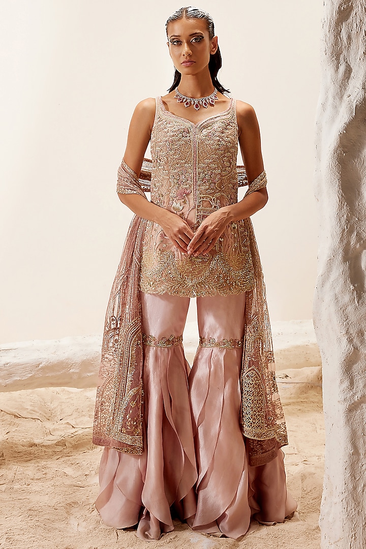 Pink Hand Embroidered Sharara Set by Adaara Couture
