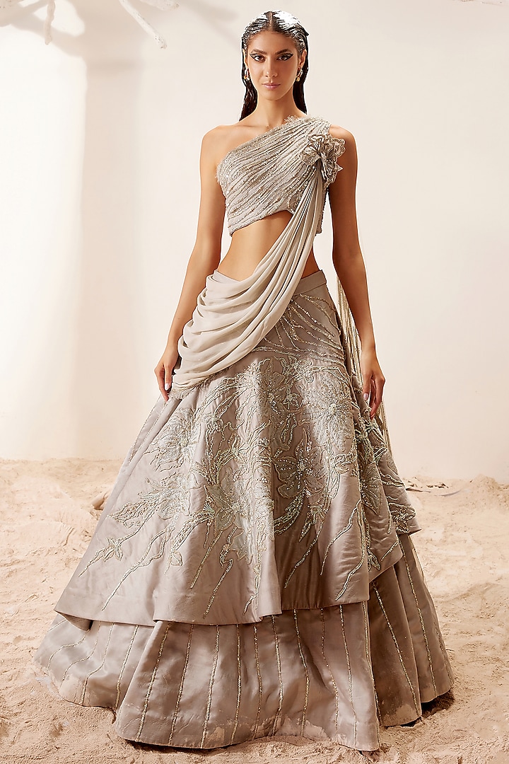 Gold Floral Hand Embroidered Lehenga Set by Adaara Couture