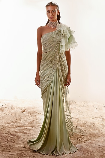 Nile Green Crepe Sati & Assam Silk Hand Embroidered Draped Reception Saree by Adaara Couture at Pernia's Pop Up Shop