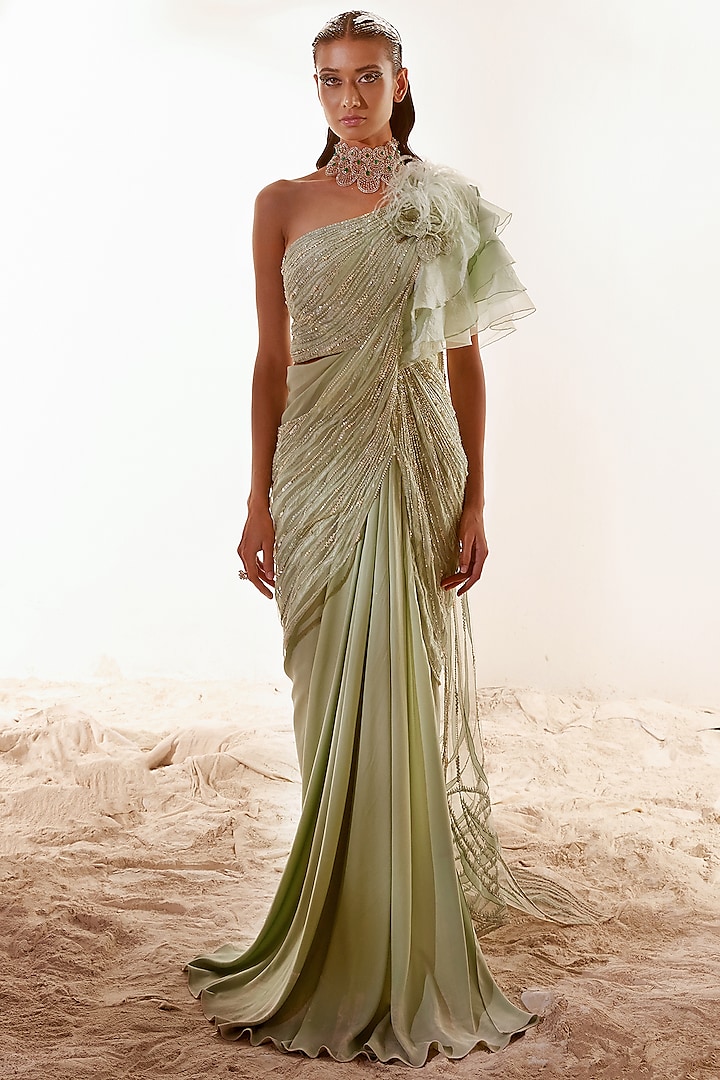 Nile Green Crepe Sati & Assam Silk Hand Embroidered Draped Saree by Adaara Couture