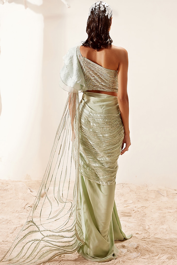 Nile Green Crepe Sati & Assam Silk Hand Embroidered Draped Reception Saree by Adaara Couture at Pernia's Pop Up Shop