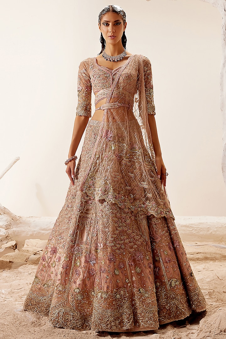 Pink Hand Embroidered Lehenga Set by Adaara Couture