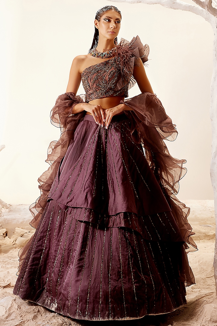 Satin Brown Hand Embroidered Lehenga Set by Adaara Couture