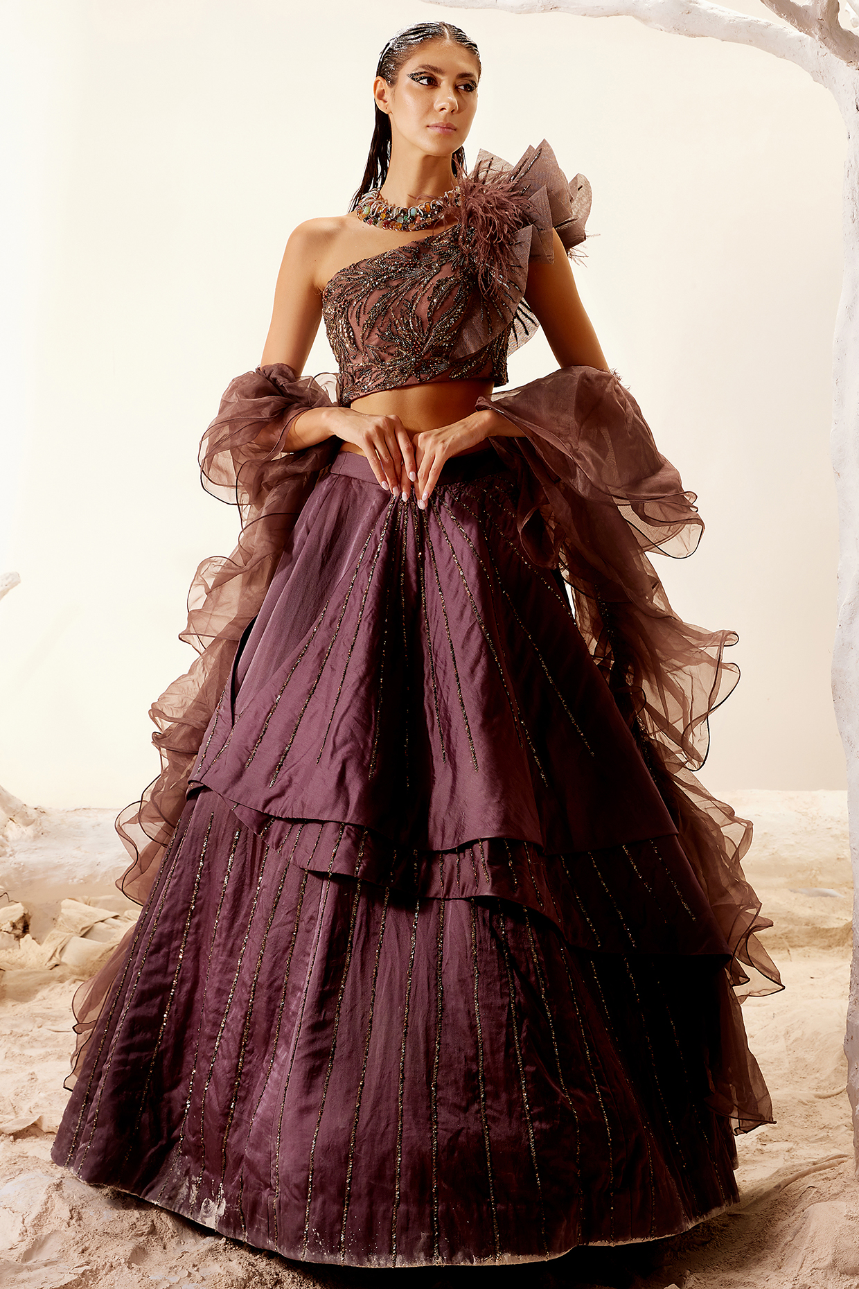 Satin Brown Hand Embroidered Bridal Lehenga Set by Adaara Couture at Pernia's Pop Up Shop