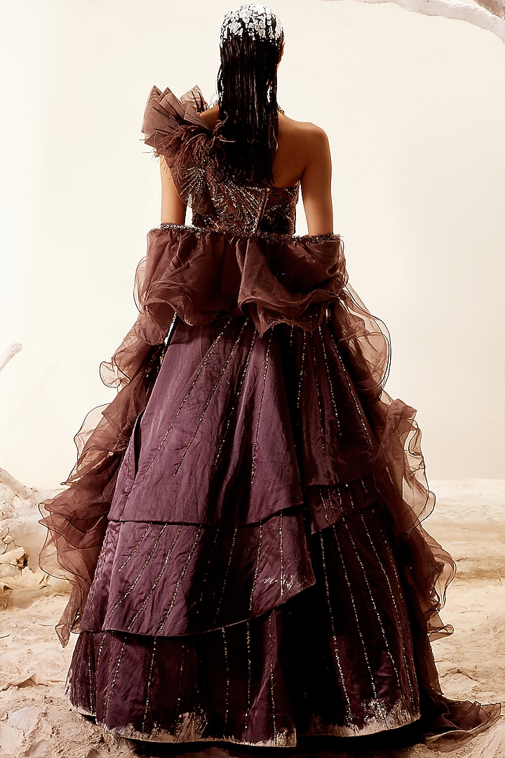 Satin Brown Hand Embroidered Bridal Lehenga Set by Adaara Couture at Pernia's Pop Up Shop