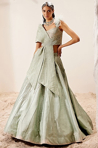 Nile Green Hand Embroidered Lehenga Set by Adaara Couture