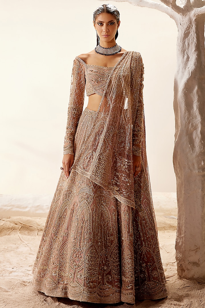 Beige Hand Embroidered Bridal Lehenga Set by Adaara Couture at Pernia's Pop Up Shop