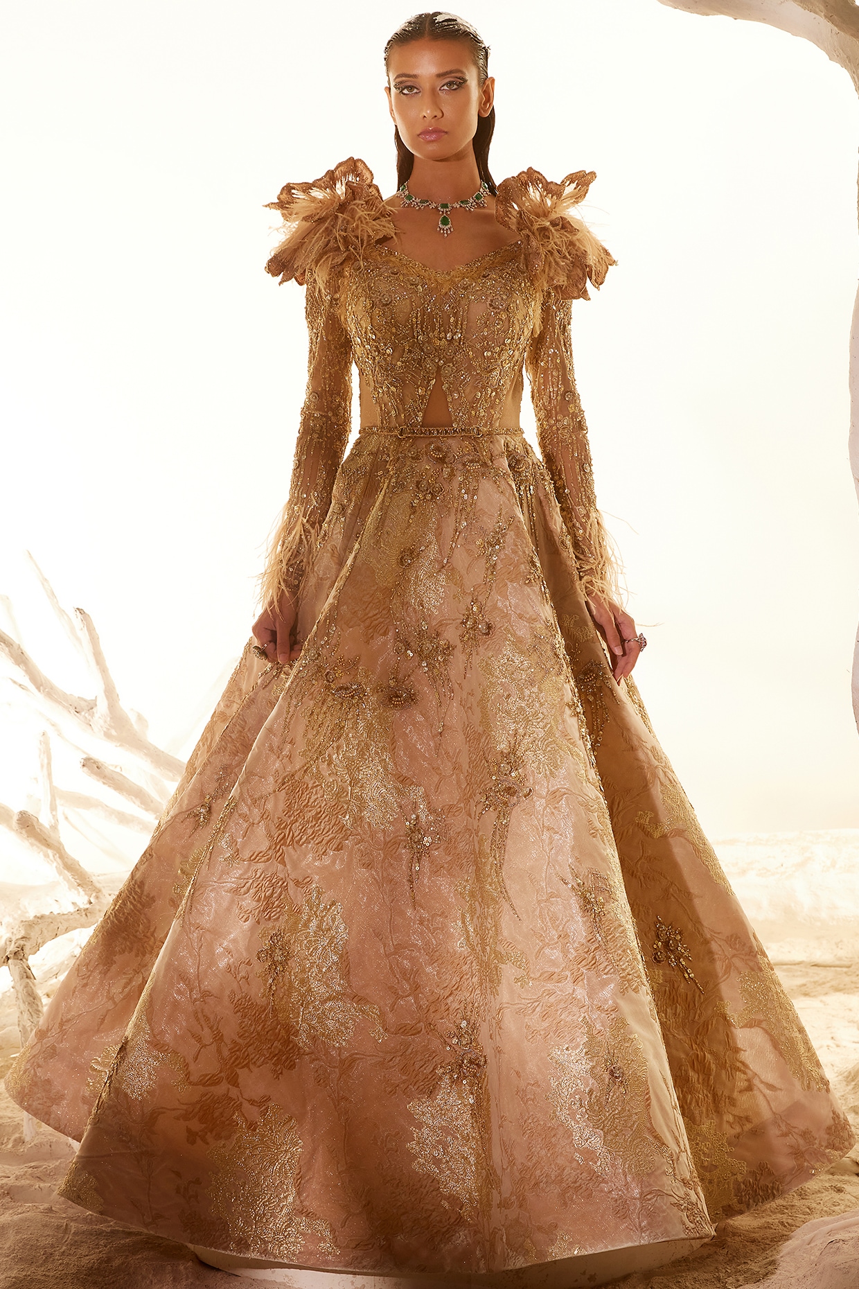 Mikael - EVANGELINA - Long evening printed brocade dress with beading  around the waist