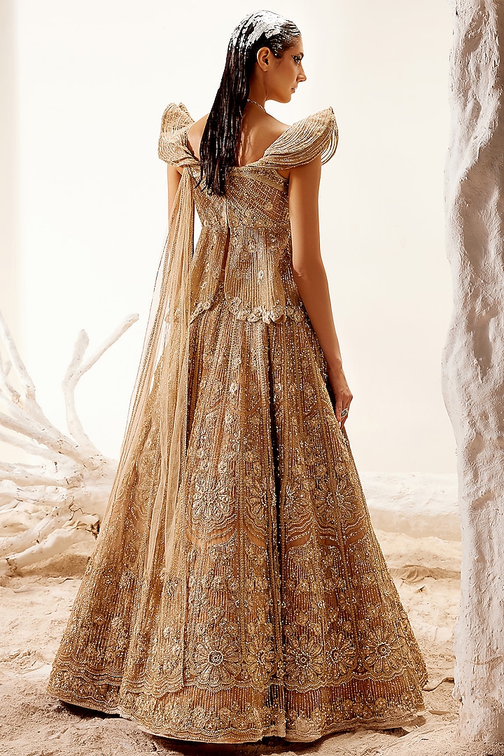 Gold Floral Hand Embroidered Bridal Lehenga Set by Adaara Couture at Pernia's Pop Up Shop