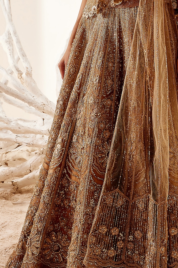 Gold Floral Hand Embroidered Bridal Lehenga Set by Adaara Couture at Pernia's Pop Up Shop