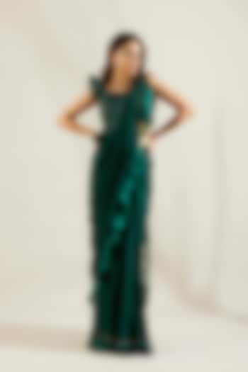 Emerald Green Hand Embroidered Pre-Draped Wedding Saree Set by Adaara Couture at Pernia's Pop Up Shop